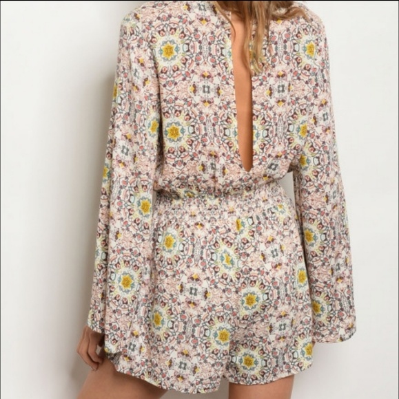 Long bell sleeve open back romper brown and ivory - Picture 3 of 4